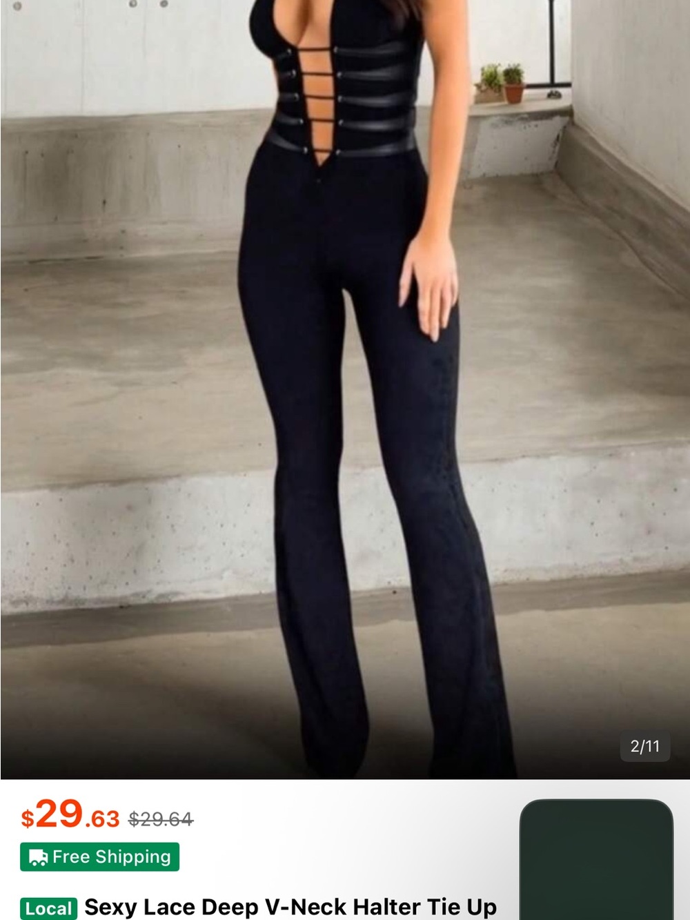 Sexy Lace Deep V-Neck Halter Tie-Up Jumpsuit - Black
